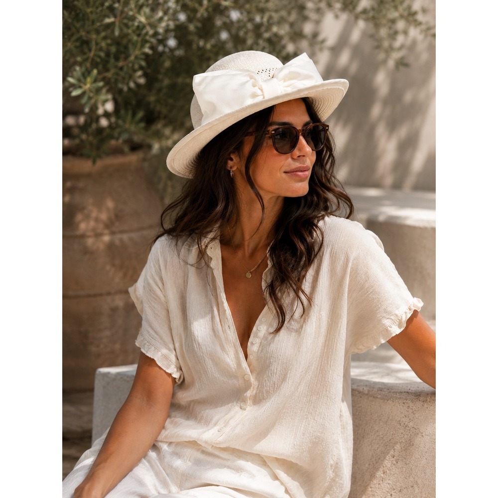 Sonni Womens Vintage Cream Straw Sun Hat Wide Brim Oversized Bow Garden Derby